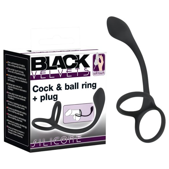 Black Velvet - fin anneau noir pour pénis & scrotum avec plug anal