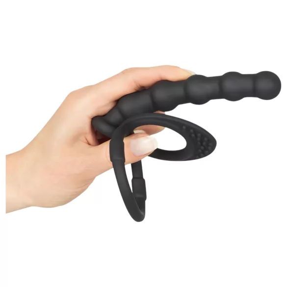 Black Velvets - anneau pénis et testicules avec plug anal - silicone noir