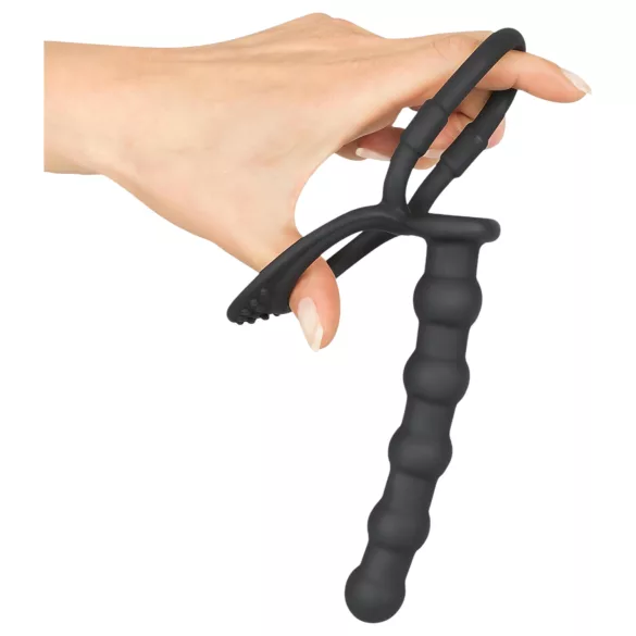 Black Velvets - anneau pénis et testicules avec plug anal - silicone noir