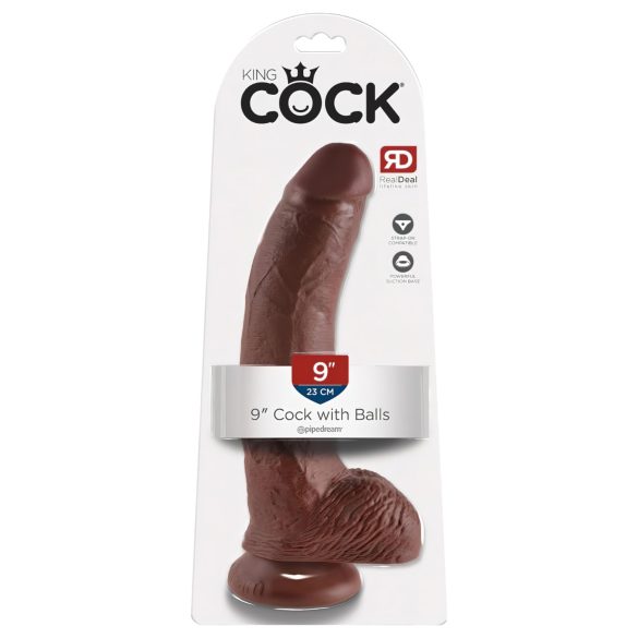 King Cock 9 - grand dildo ventouse, scrotum (23cm) - brun