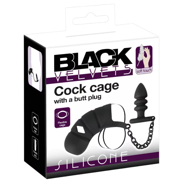 Black Velvets - cage pénienne en silicone avec plug anal (noir)