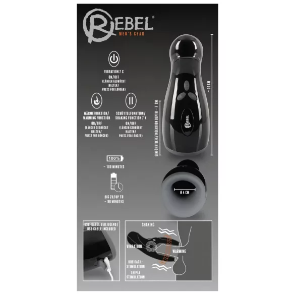 Rebel - masturbateur chauffant vibrant va-et-vient réglable - noir