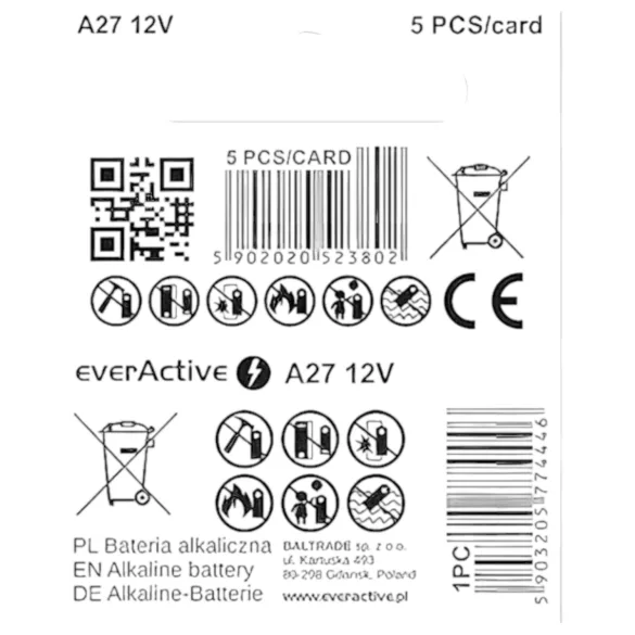 Pile 12 V (27A, MN27) pour télécommande (1 pc)