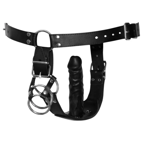 ZADO - string cuir avec gode et 3 anneaux péniens