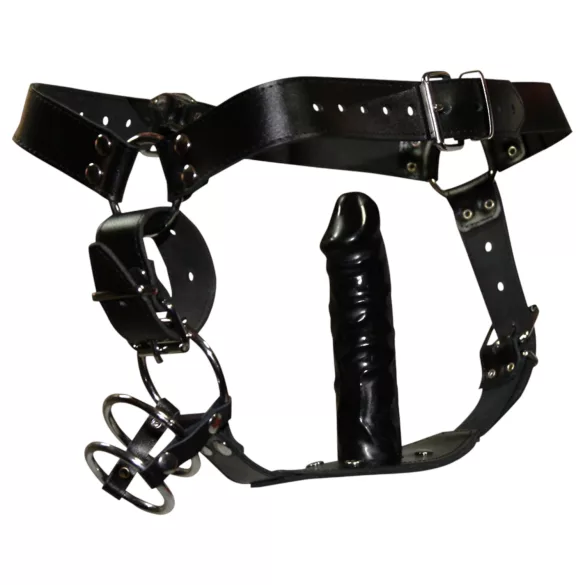 ZADO - string cuir avec gode et 3 anneaux péniens - Lovesexs