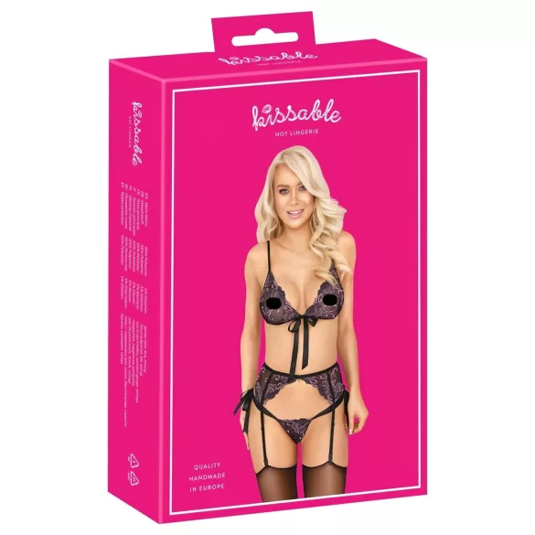 Kissable - soutien-gorge noir brodé rose-lilas
