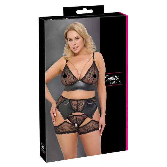 Cottelli Curves - ensemble lingerie dentelle et simili cuir - noir - 2XL