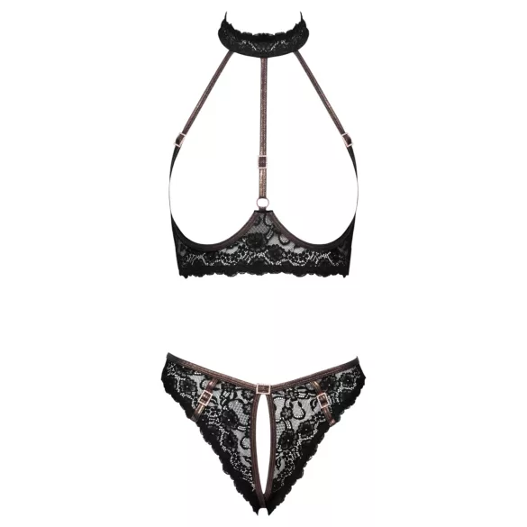 Cottelli - soutien-gorge ouvert en dentelle et string avec ornements or rose (noir)