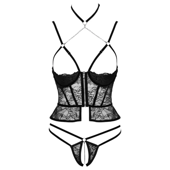 Abierta Fina - string ouvert et guêpière (noir)