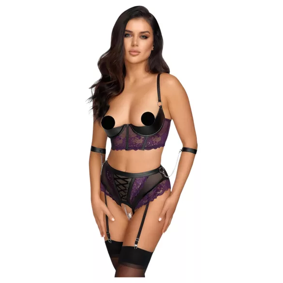 Cottelli Bondage - ensemble soutien-gorge et menottes de bras (noir-violet) - XL