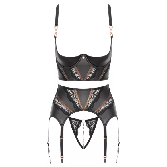 Abierta Fina - ensemble porte-jarretelles en dentelle trois pièces (noir)