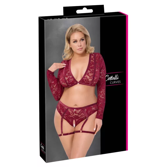 Cottelli Curves - ensemble lingerie dentelle manches longues - rouge - 2XL