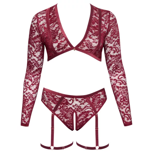 Cottelli Curves - ensemble lingerie dentelle manches longues - rouge - 2XL
