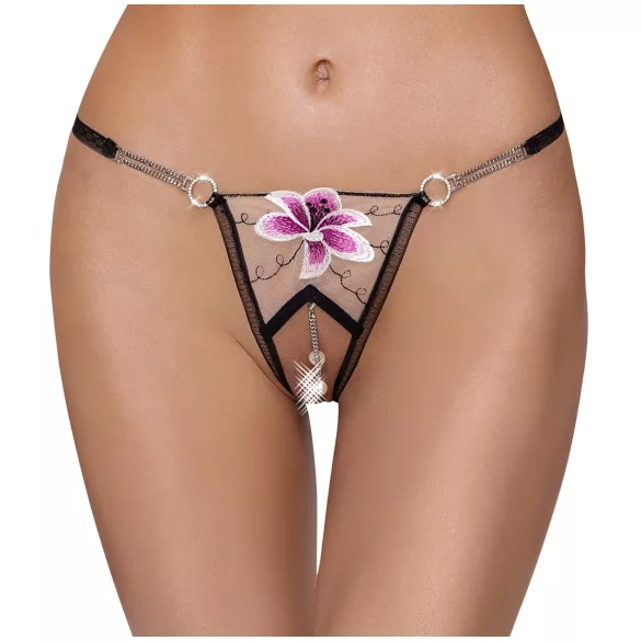 Cottelli - string femme brodé luxe - noir et blanc - motif lys - M/L