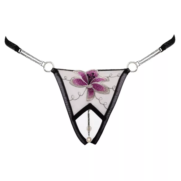Cottelli - string femme brodé luxe - noir et blanc - motif lys - M/L