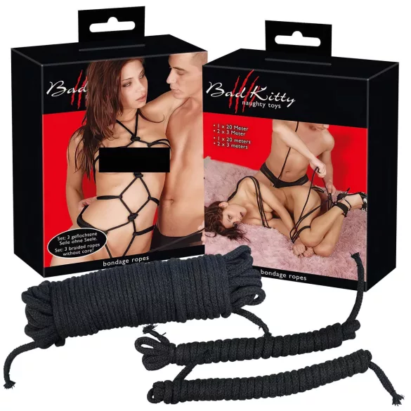 Bad Kitty - kit de cordes de bondage (20 m + 2 x 3 m, noir)
