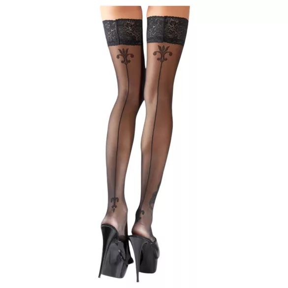 Cottelli - bas jarretières motif fleur liseré rayé - noir