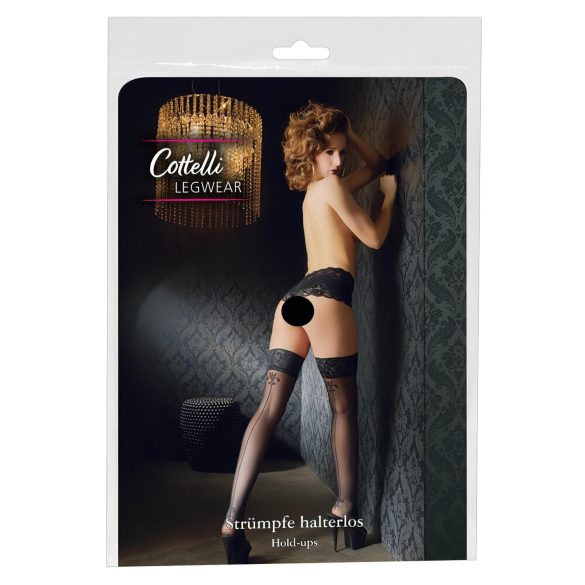 Cottelli - bas jarretières motif fleur liseré rayé - noir