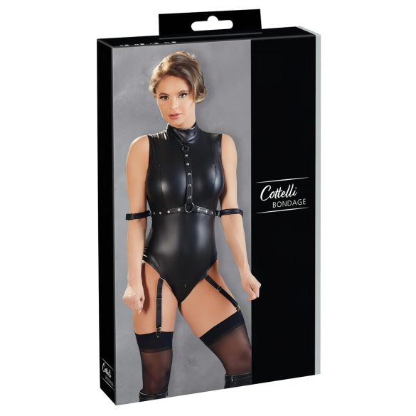 Cottelli Bondage - body brillant sans manches et menottes (noir)