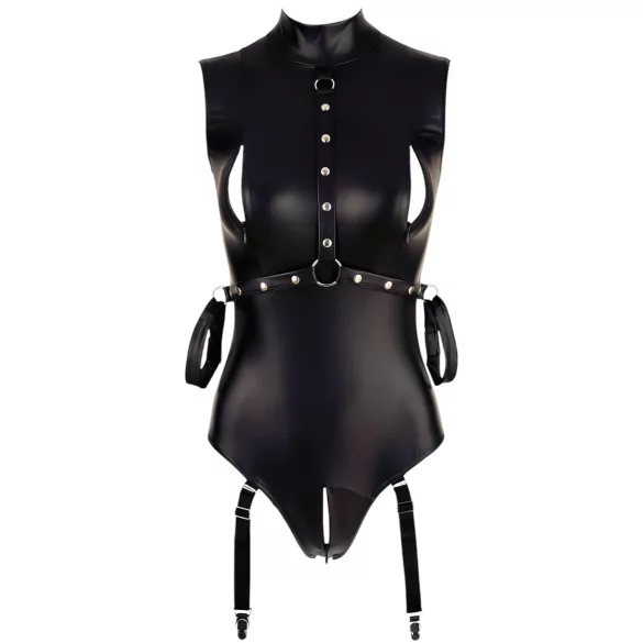 Cottelli Bondage - body sans manches brillant et menottes pour bras - noir - L