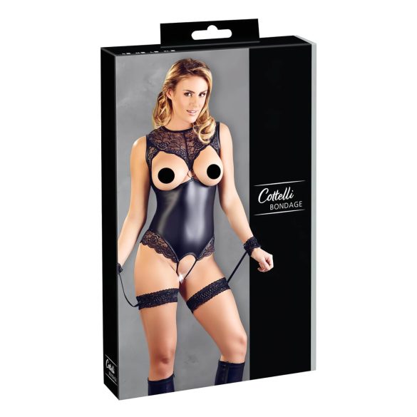Cottelli Bondage - body ouvert brillant & menottes (noir)