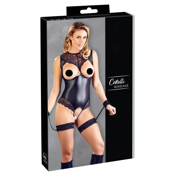 Cottelli Bondage - body ouvert brillant & menottes (noir) - L
