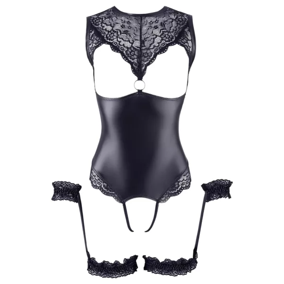 Cottelli Bondage - body ouvert brillant avec menottes - noir - XL