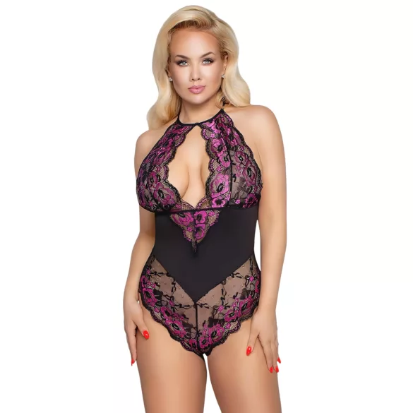 Cottelli - body grande taille femme - dentelle florale - noir violet
