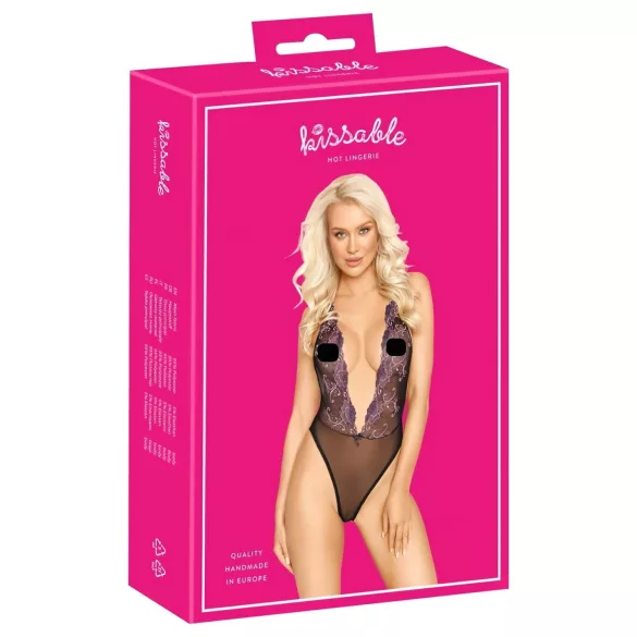 Body noir brodé rose "Kissable"