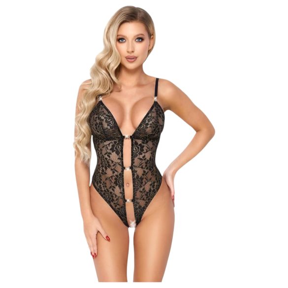 Body Ouvert Fina en Dentelle avec Strass (Noir) - XL