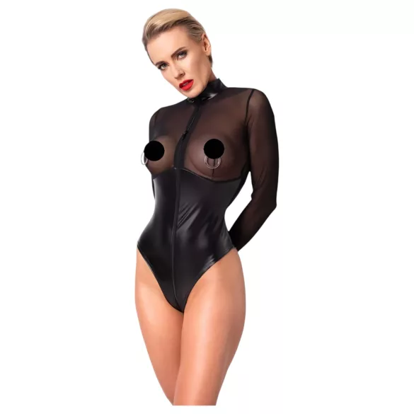Noir - body brillant - empiècement transparent - noir - L