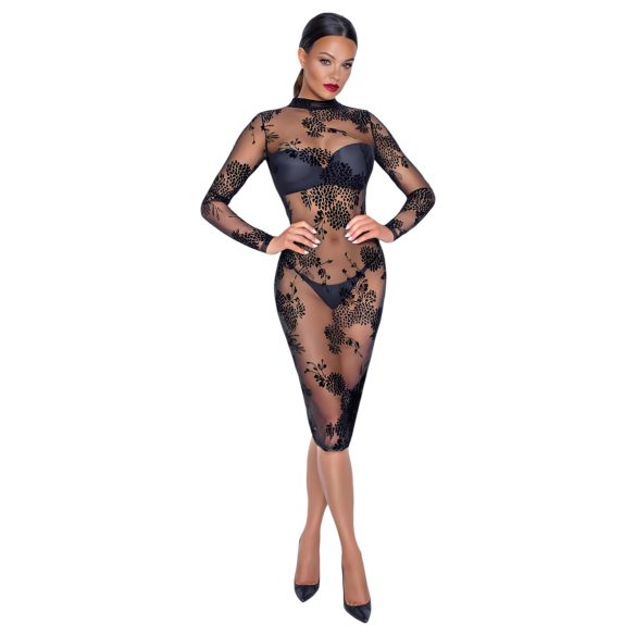 Noir - Robe transparente fleurie manches longues (noire)