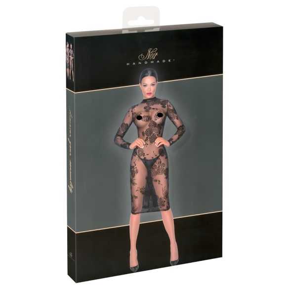 Noir - Robe transparente fleurie manches longues (noire)