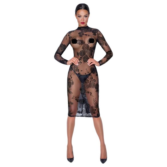 Noir - Robe transparente fleurie manches longues (noire)