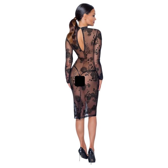 Noir - Robe transparente fleurie manches longues (noire)