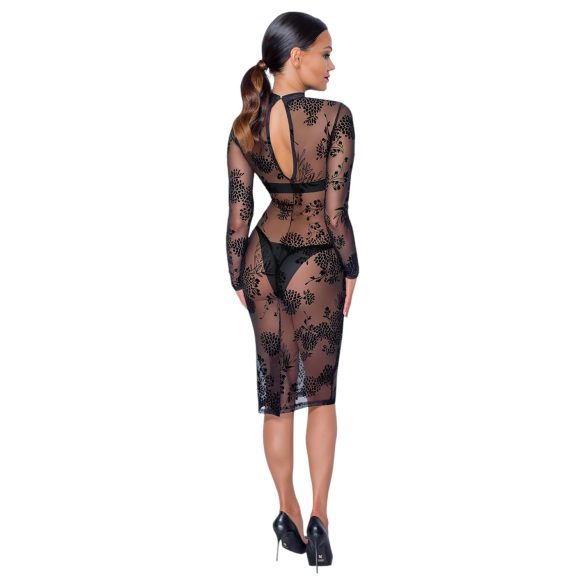 Noir - Robe transparente fleurie manches longues (noire)