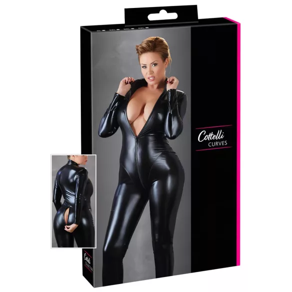 Cottelli Plus Size - combinaison moulante manches longues brillante - noir - 2XL