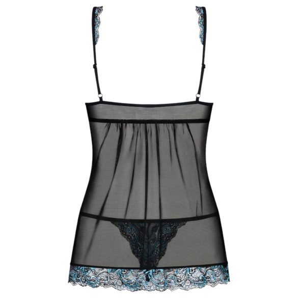 Obsessive Amanta - babydoll et string - dentelle brodée - noir turquoise