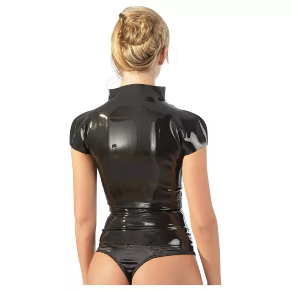 Haut femme à manches courtes en latex avec fermeture éclair (noir) - XL