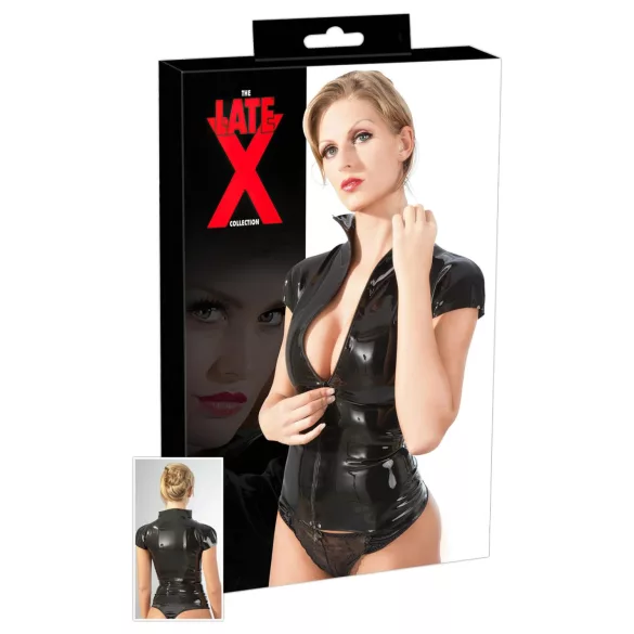 Haut femme à manches courtes en latex avec fermeture éclair (noir) - 2XL