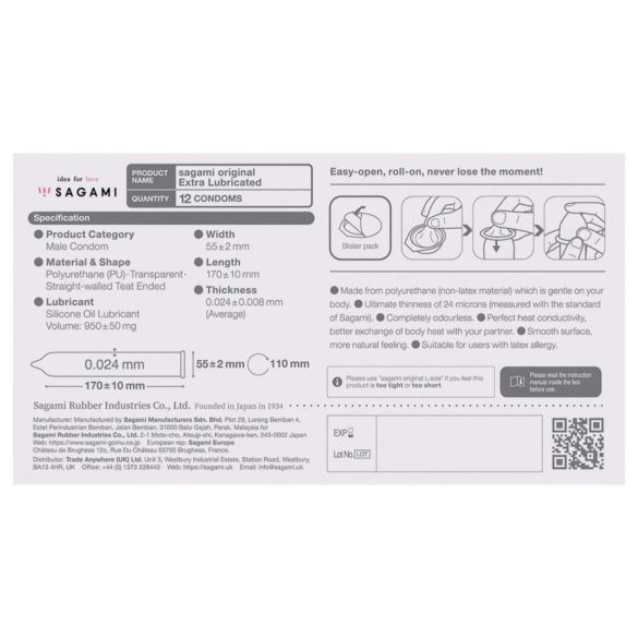 Sagami Original 0.02 - préservatif extra lubrifié - 55mm - boîte de 12