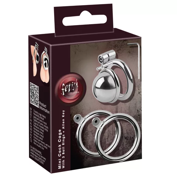 Fetish Collection - mini cage à pénis avec 3 anneaux testiculaires interchangeables (argent)