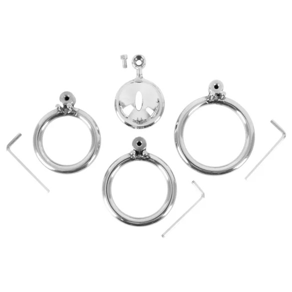 Fetish Collection - mini cage à pénis avec 3 anneaux testiculaires interchangeables (argent)