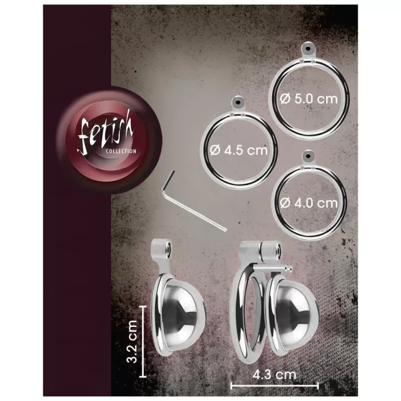 Fetish Collection - mini cage à pénis avec 3 anneaux testiculaires interchangeables (argent)
