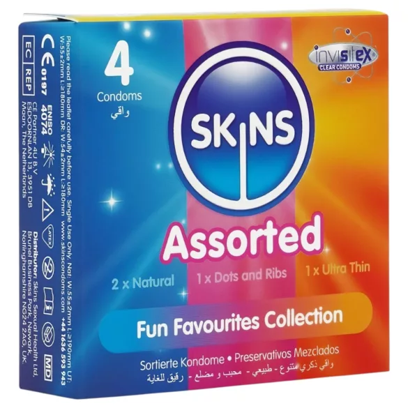 Skins - préservatifs assortis - perlés, naturels, extra fins (4 pcs)