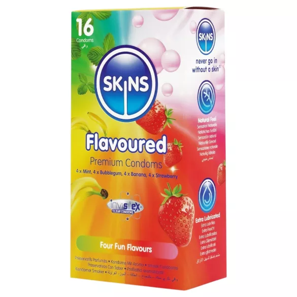 Skins - préservatifs aromatisés - menthe, chewing-gum, banane, fraise (16 pcs)