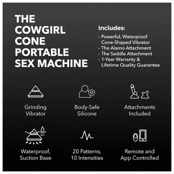 The Cowgirl Cone - machine sexuelle premium contrôlée par application - avec 2 embouts interchangeables, 20 modes de vibration (noir)
