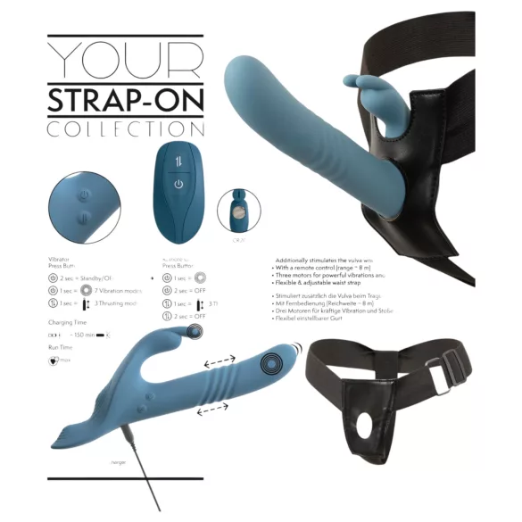 You2Toys - Vibromasseur à harnais lapin à piston, 3 pièces, avec télécommande (bleu)
