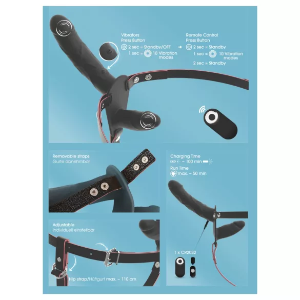 You2Toys - vibromasseur double strap-on télécommandé (noir)