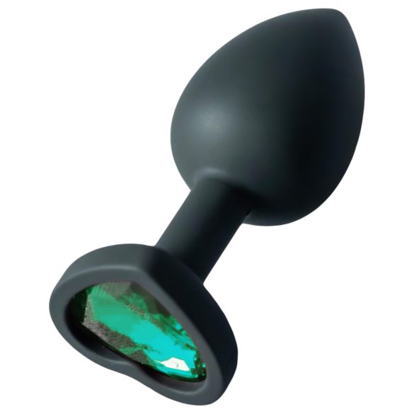 Sunfo - Plug anal en silicone avec pierre verte foncée en forme de cœur (noir)